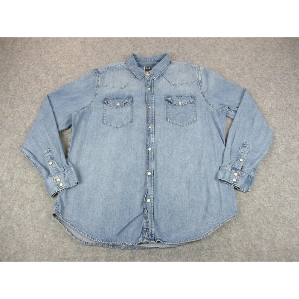 Gap Shirt Mens Extra Large Blue Denim Slim Fit Pearl Snap Long Sleeve Western